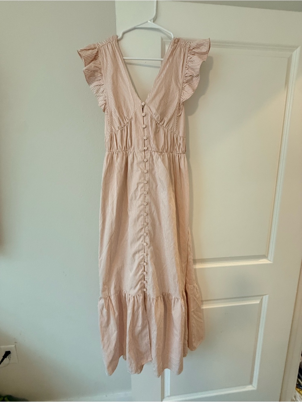 En Saison Soft Blush Striped Button-Front Ruffle Midi Dress
